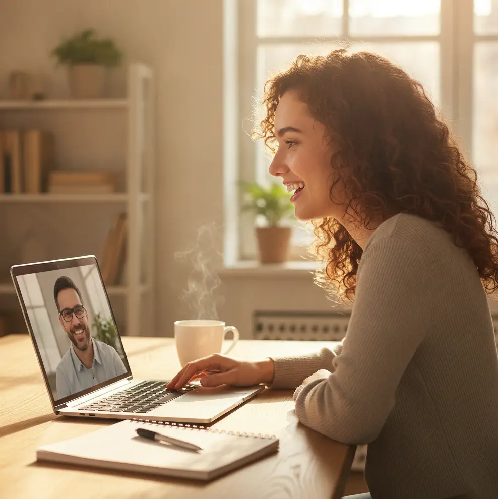 Student having an online language lesson on a laptop at home in Gdańsk